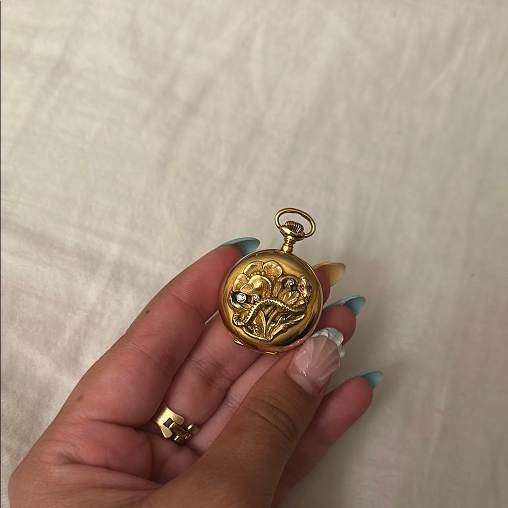 Vintage Solid 14k Gold diamond Snake Floral Pocket Watch charm
